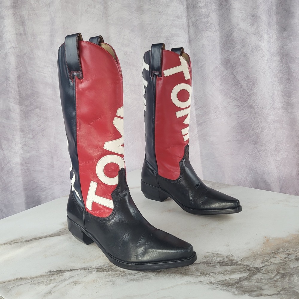 Rare TOMMY Hilfiger Western Cowboy Boots Black Red Women's Size 5.5 M